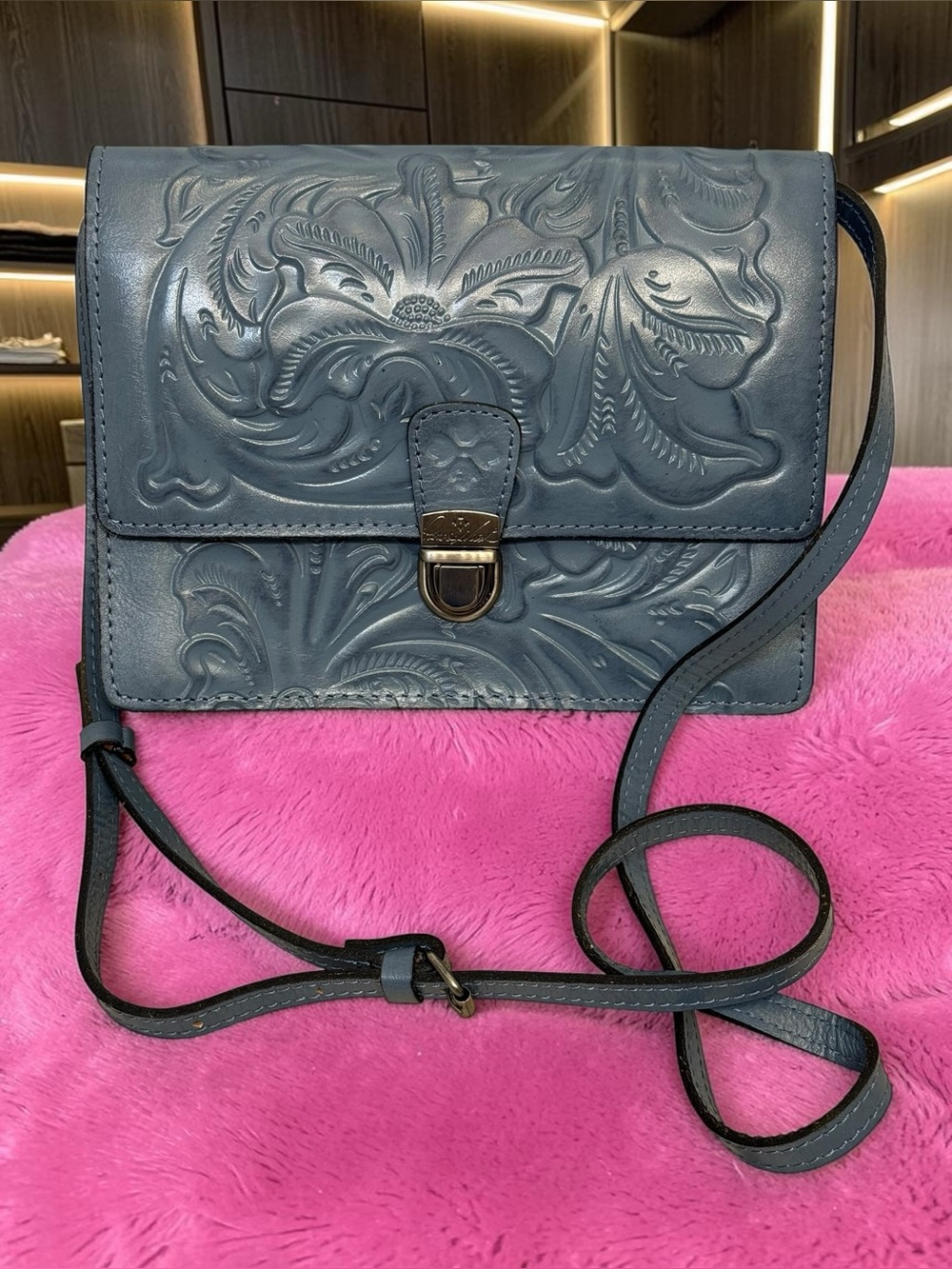 Patricia Nash Tooled Leather Crossbody Bag - Steel Blue - Picture 13 of 14